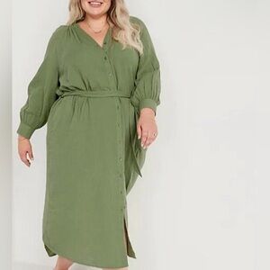 Olive Green Button-Front Midi Dress with Belt